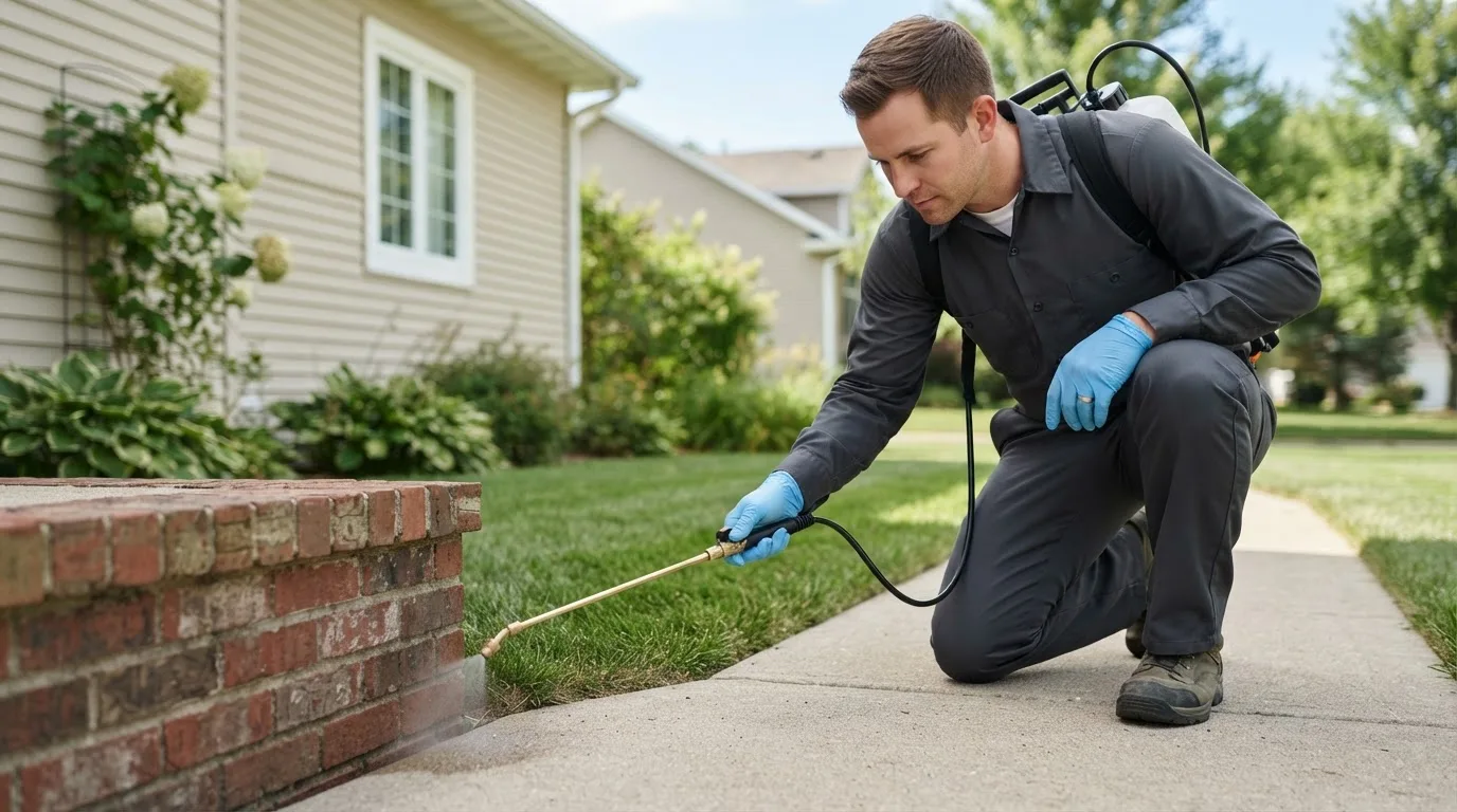 Pest control technician treating a home near Noblesville, IN