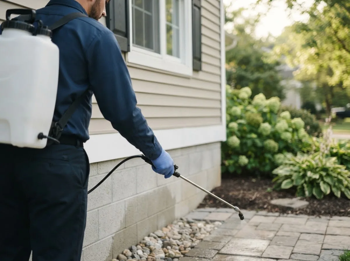 Pest control technician inspecting a home in Noblesville, IN